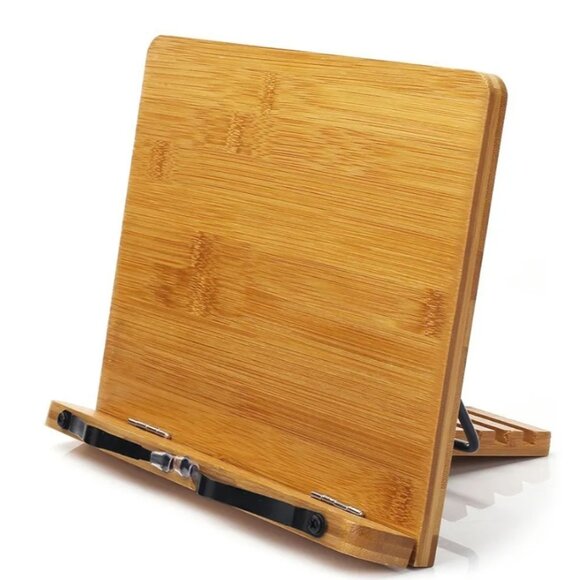 BAMBOO BOOK STAND | ADJUSTABLE HOLDER TRAY W/PAGE PAPER CLIP | PORTABLE - Picture 3 of 14